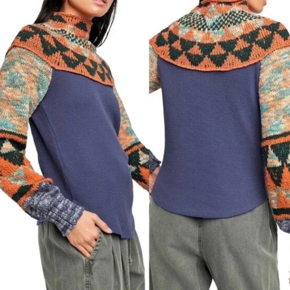 Free People Swit The Small Stuff Sweater in Navy Combo sz xs NWT $128R - Picture 2 of 6